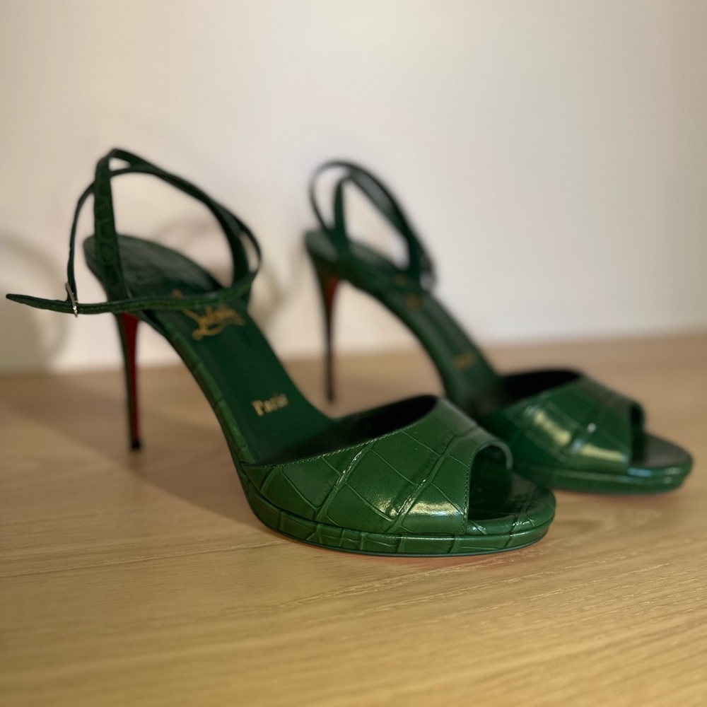 Christian Louboutin Green Croc Embossed Leather Loubiloo Ankle Strap Sandals